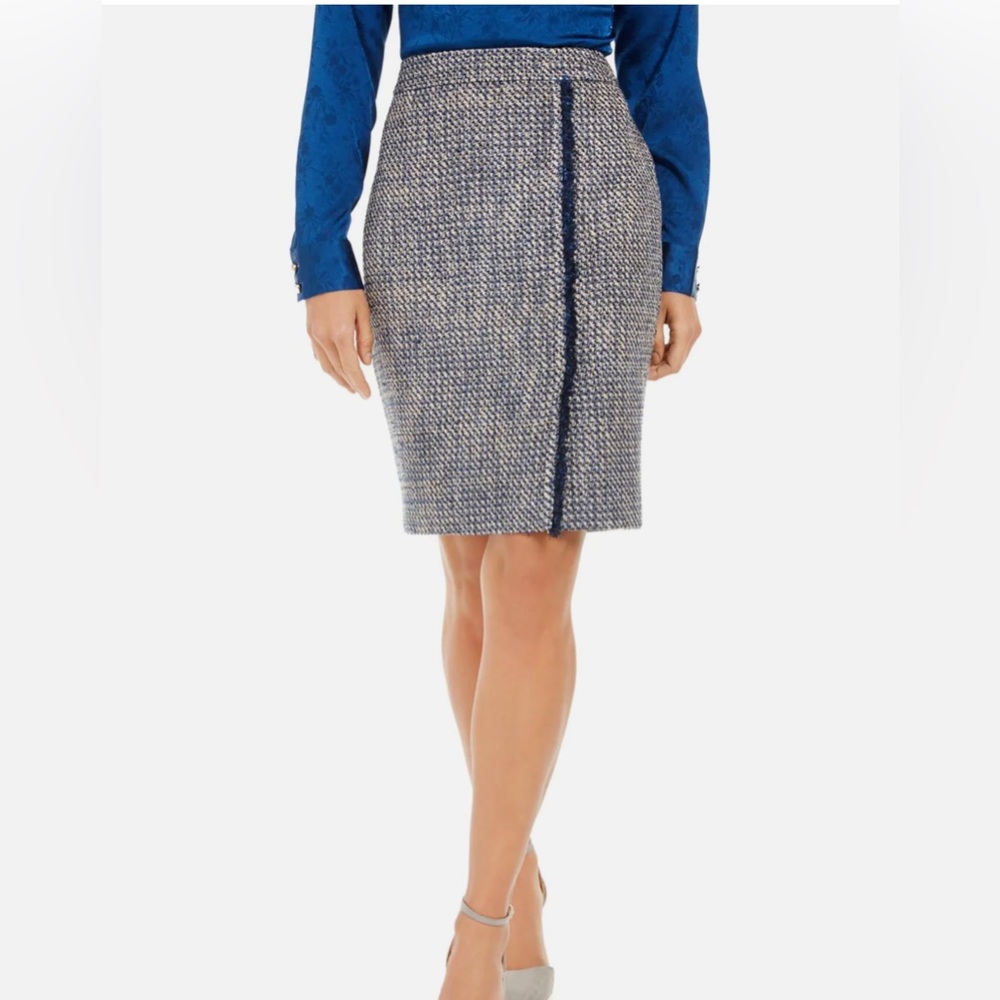 NWT Calvin Klein Tweed Fringe-Trim Pencil Skirt - Size 10P, Blue -White